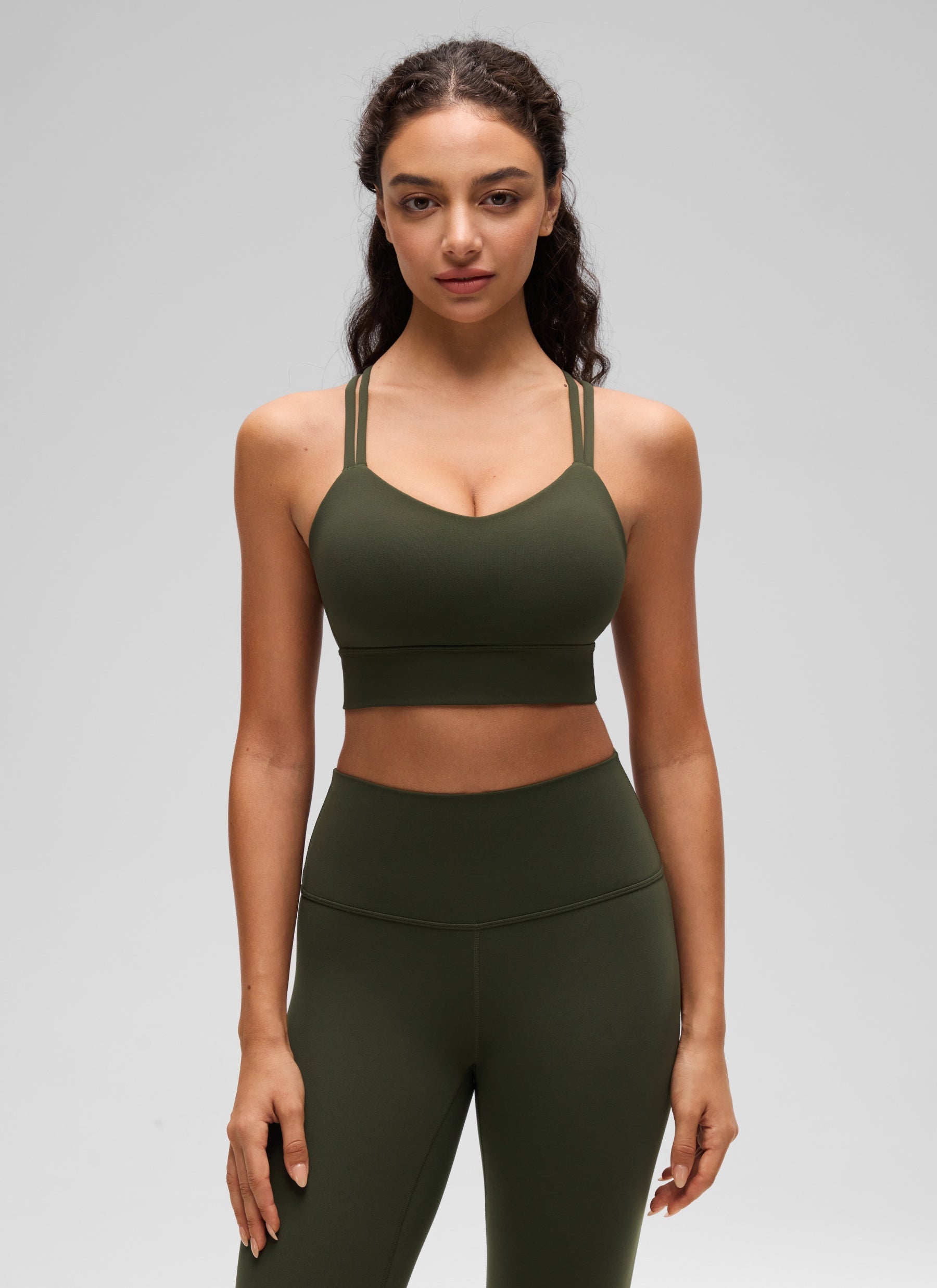 CRZ YOGA Womens Butterluxe Strappy Longline Criss Cross Molded Cup Bra Olive Green