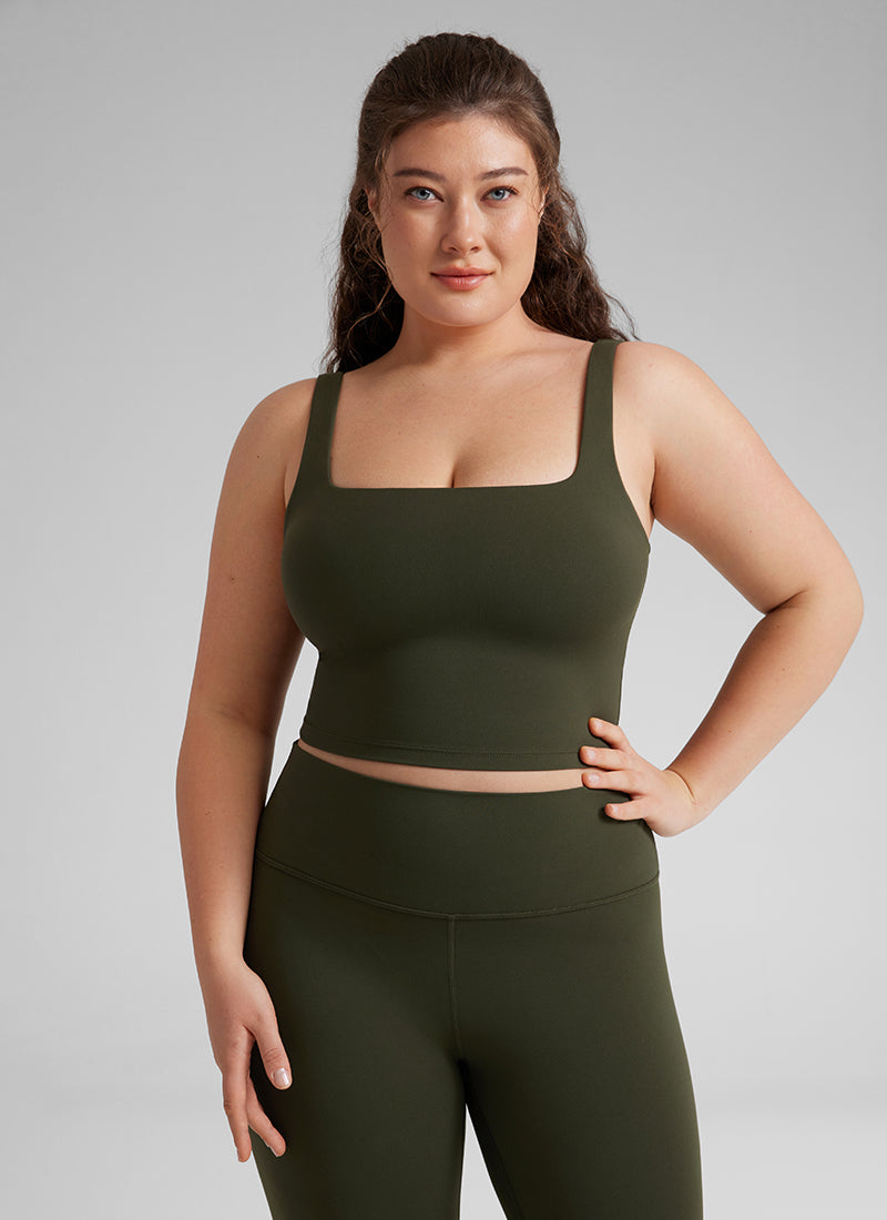CRZ YOGA Women's Yoga Low Impact Butterluxe Longline Bra Square Neck Olive Green