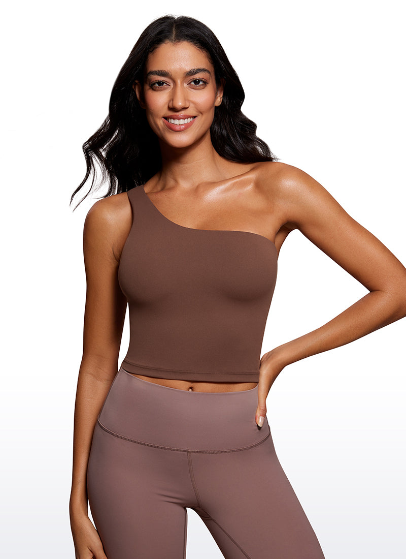 CRZ YOGA Butterluxe Women's One Shoulder Longline Sports Bra Coffee Brown