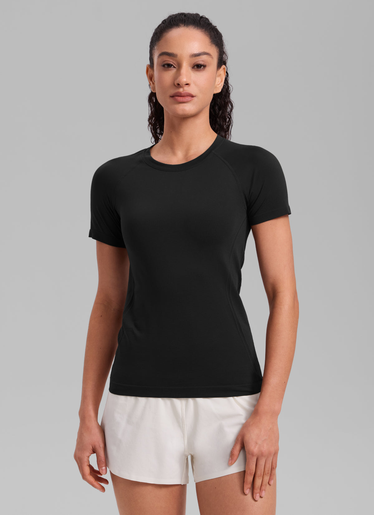 CRZ YOGA Women's Running Classic Fit Shirts Seamless Short Sleeves Black