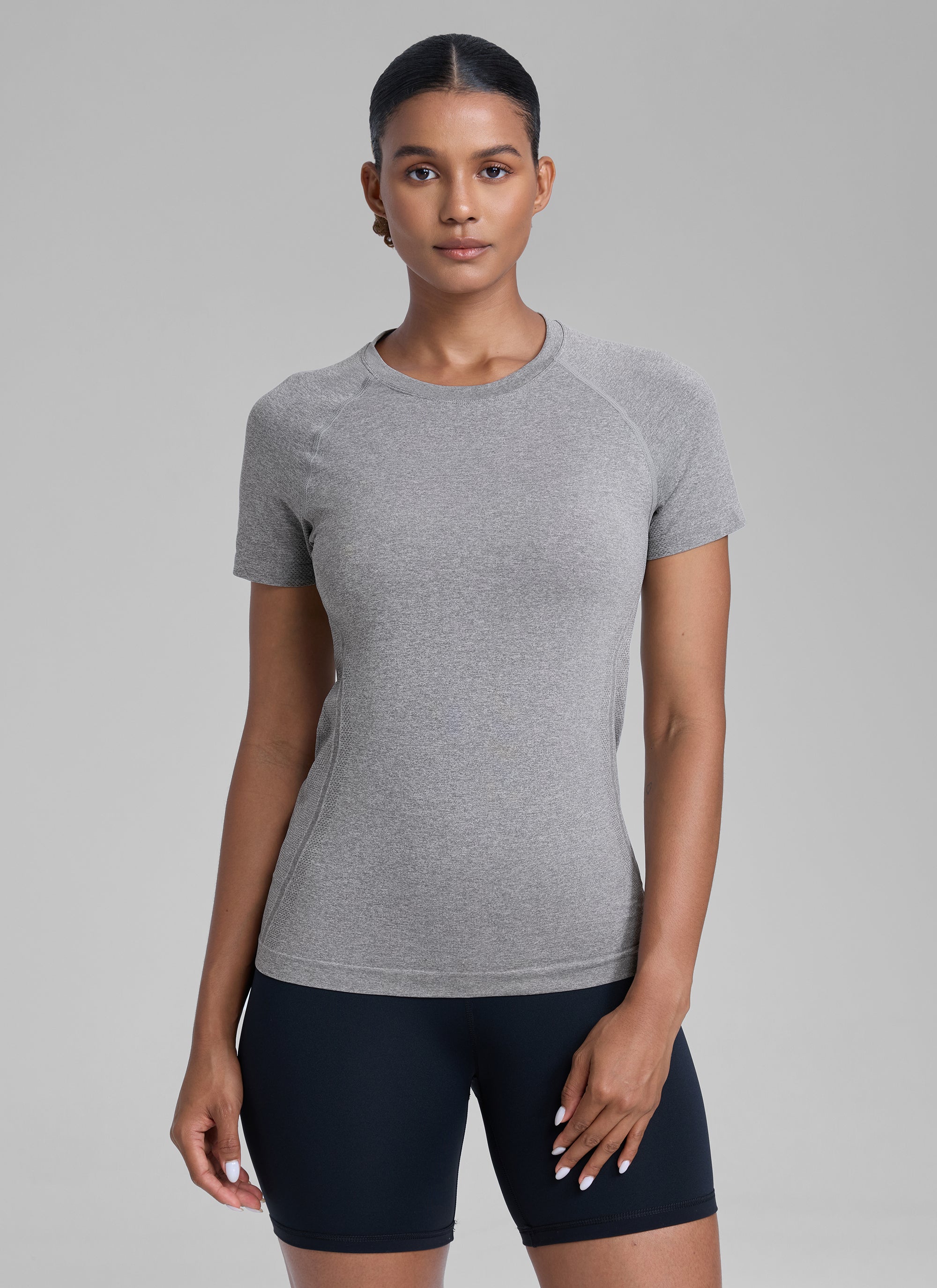 CRZ YOGA Women's Running Classic Fit Shirts Seamless Short Sleeves Slate Grey Marl
