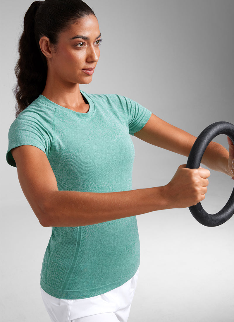 CRZ YOGA Women's Running Classic Fit Shirts Seamless Short Sleeves Cascadia Green