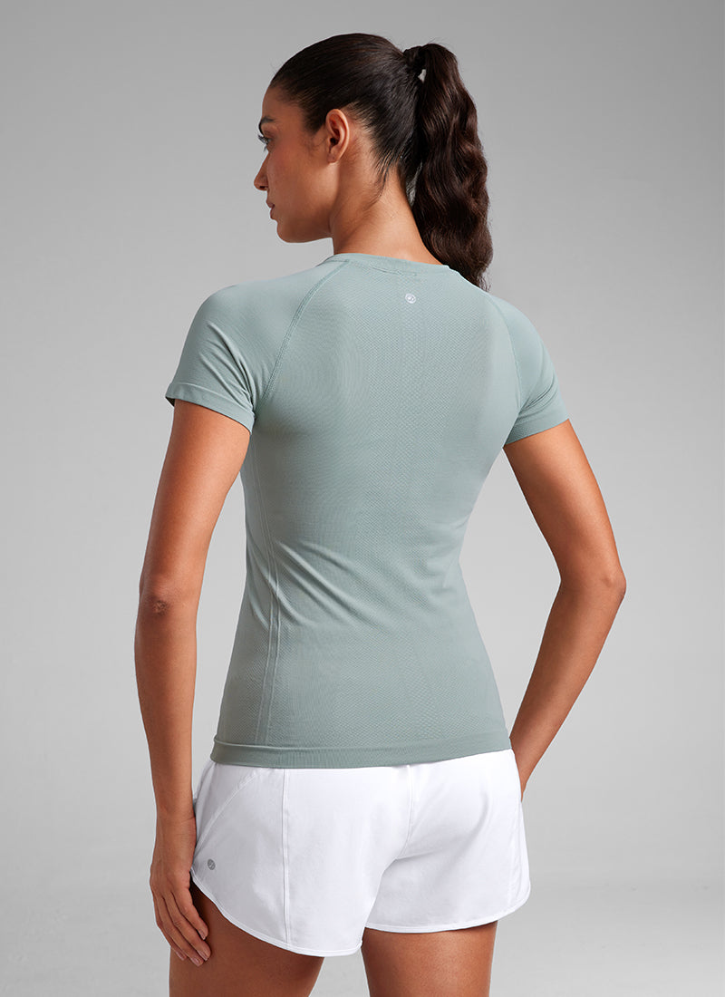 CRZ YOGA Women's Running Classic Fit Shirts Seamless Short Sleeves Green Palm Court