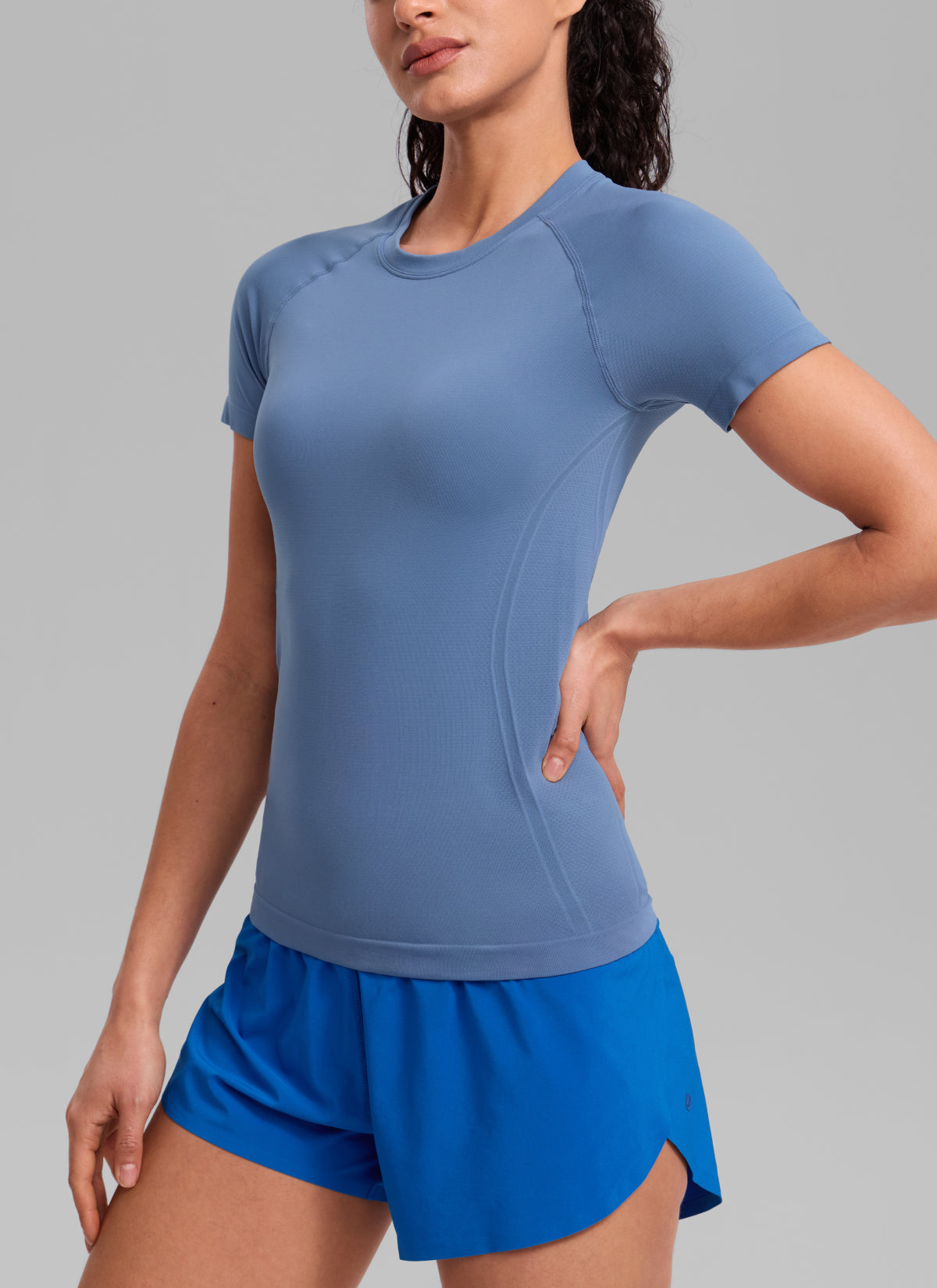 CRZ YOGA Women's Running Classic Fit Shirts Seamless Short Sleeves Oasis Blue