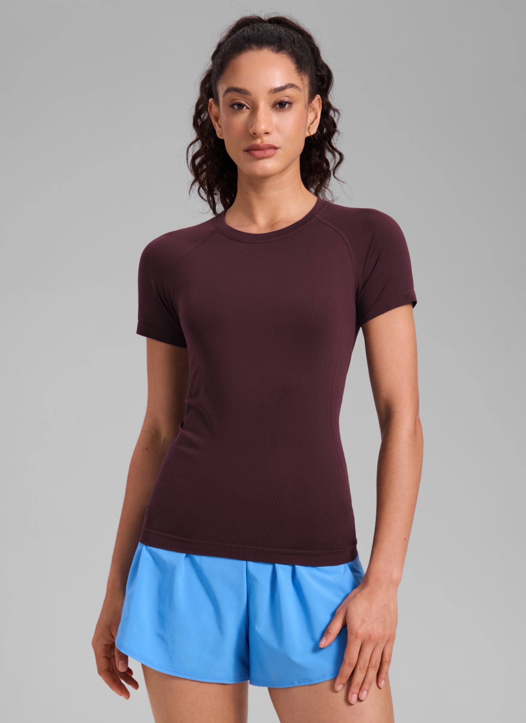 CRZ YOGA Women's Running Classic Fit Shirts Seamless Short Sleeves Ripe Plum
