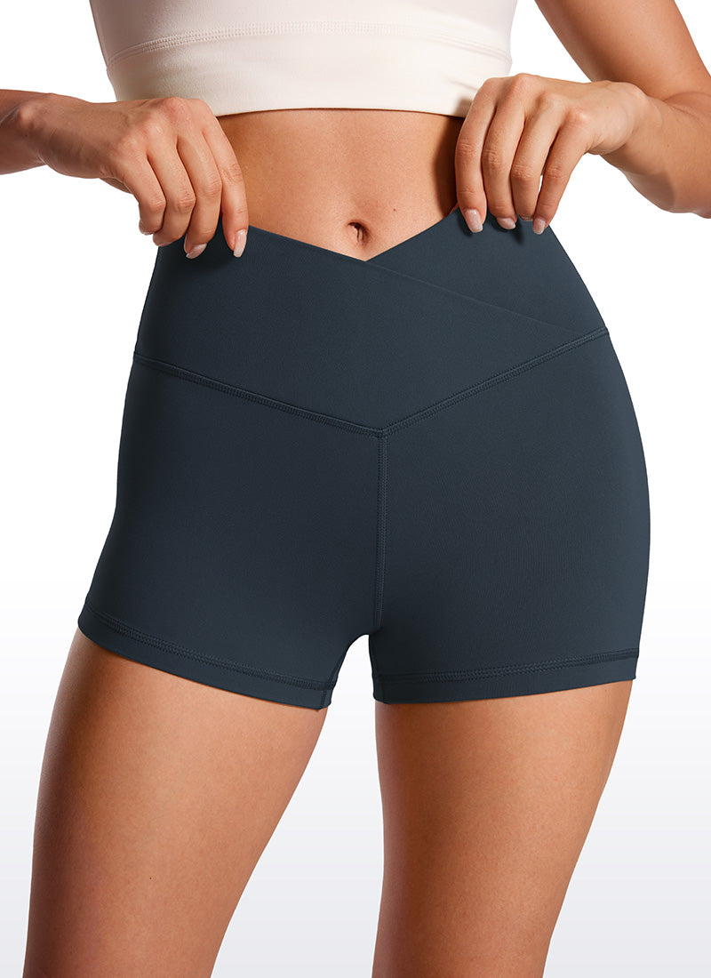 CRZ YOGA Women's High Rise Butterluxe V Cross Waist Biker Shorts 3'' True Navy