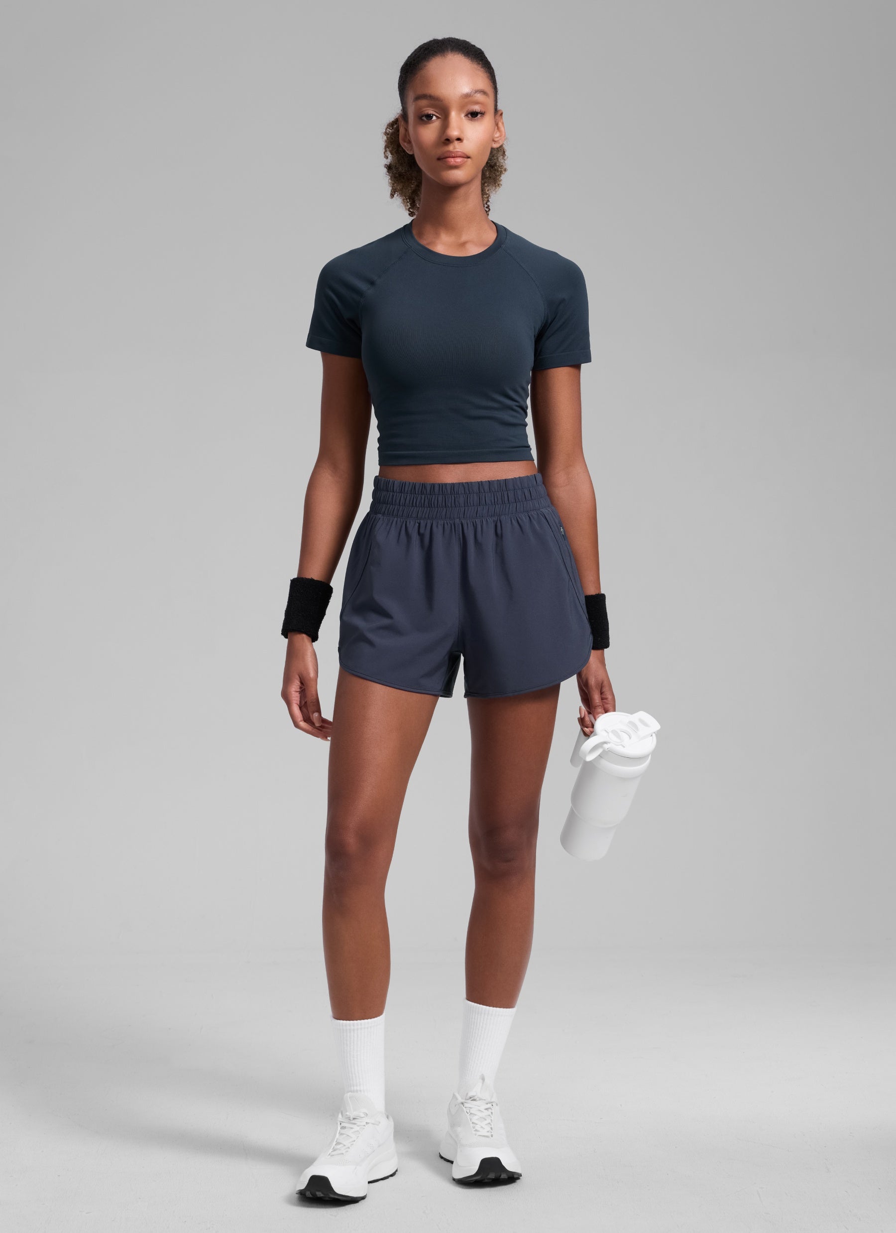 CRZ YOGA Women's Running High Waisted Mesh Lined Shorts 3'' Navy