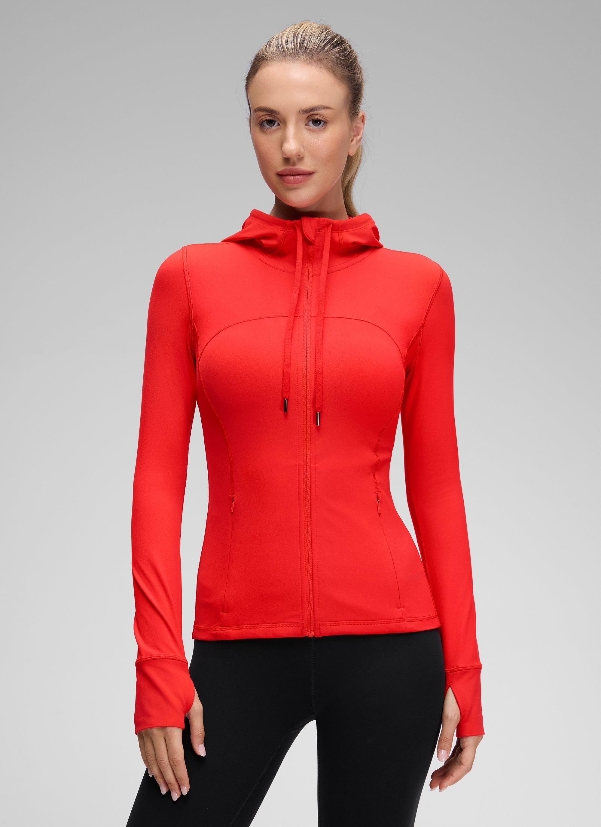 CRZ YOGA Women's Butterluxe Slim Fit Pocket Outerwear Full Zip Hoodies Dark Red