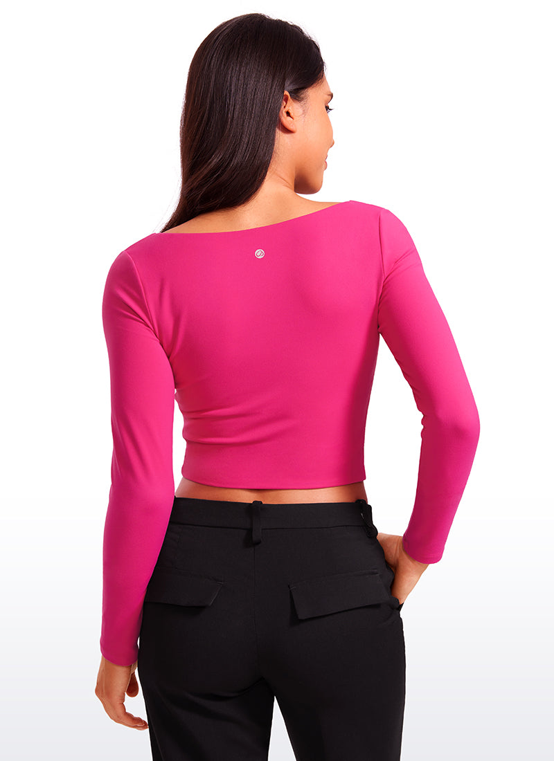CRZ YOGA Women's Tight Fit Butterluxe Yoga Crop Long Sleeves Square Neck Granita Pink