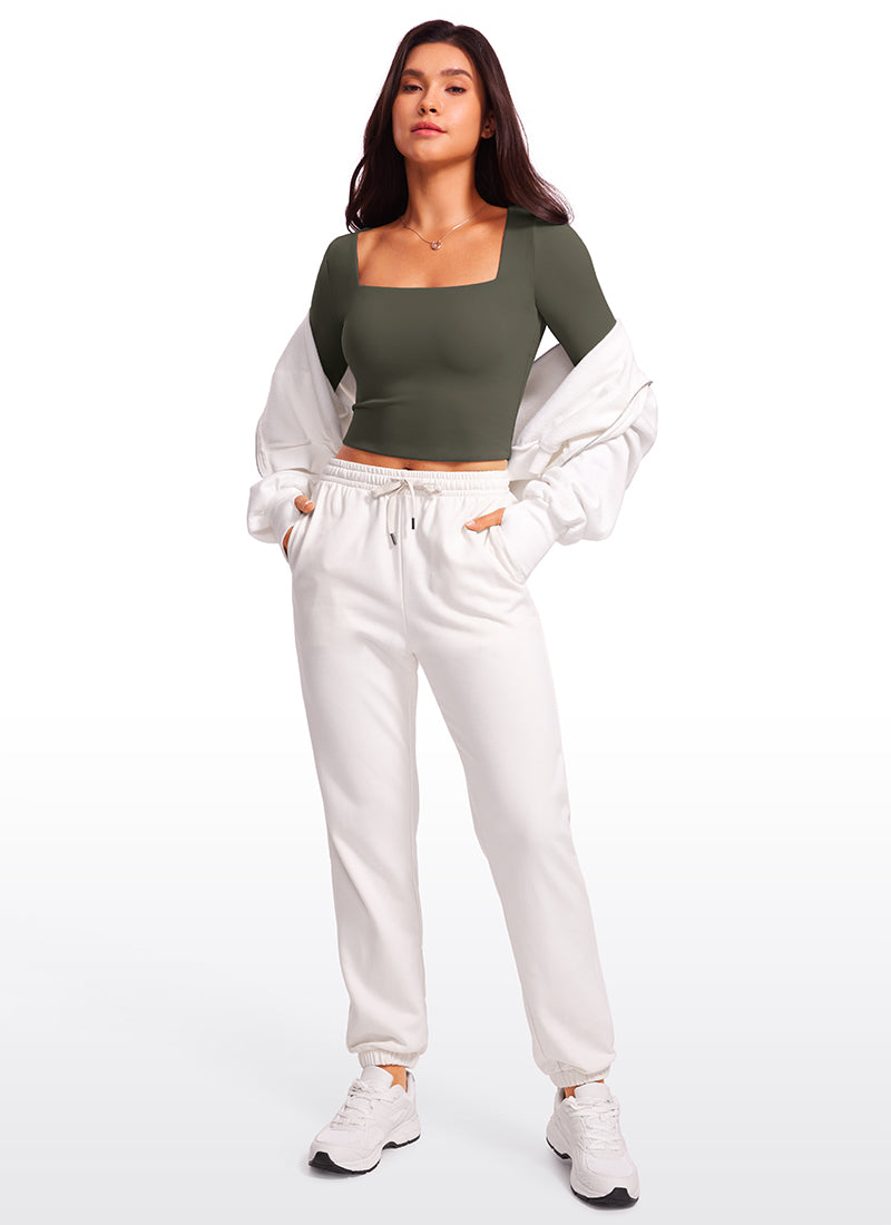 CRZ YOGA Women's Tight Fit Butterluxe Yoga Crop Long Sleeves Square Neck Light Army Green