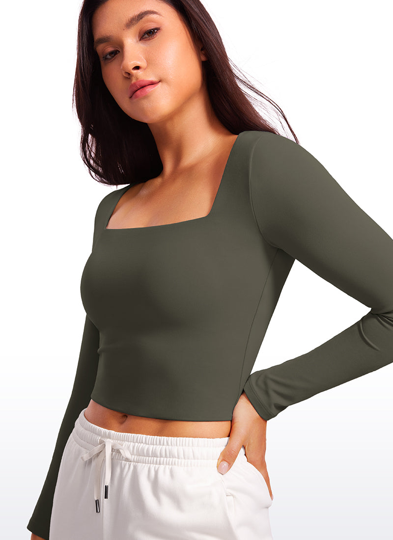 CRZ YOGA Women's Tight Fit Butterluxe Yoga Crop Long Sleeves Square Neck Light Army Green