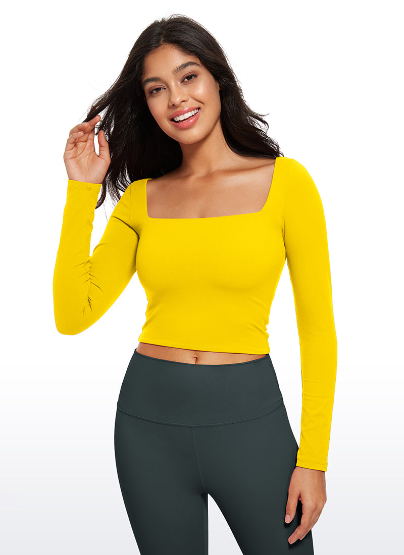 CRZ YOGA Women's Tight Fit Butterluxe Yoga Crop Long Sleeves Square Neck High Visibility Yellow